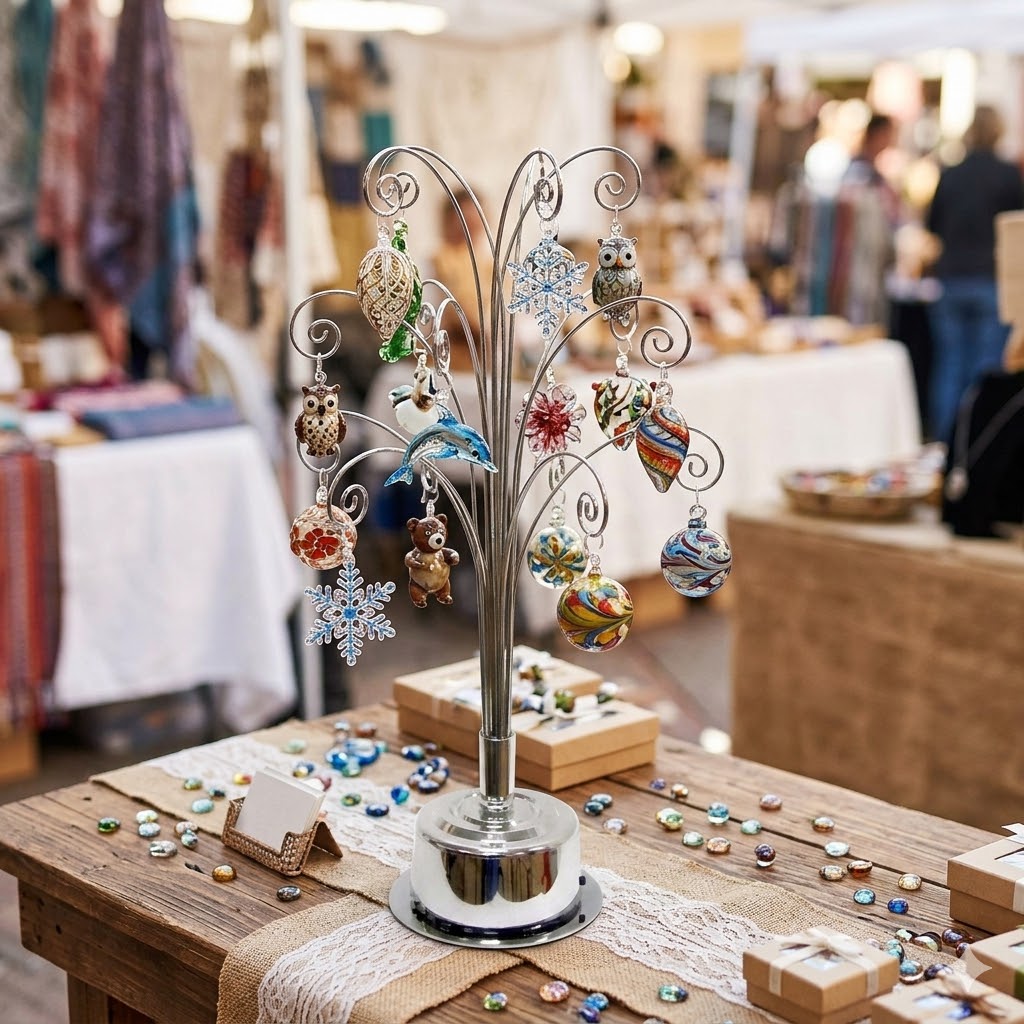 HOHIYA 16.75 Inch Mini Rotating Ornament Display Tre, 3-Tier Metal Stand with 15 Hooks Small Tabletop Christmas Tree for Jewelry Charms and Keepsakes Silver Chrome